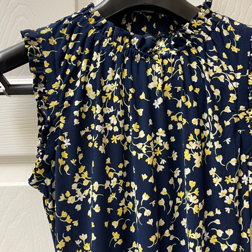 Tommy Hilfiger Women's Sz 4 Navy Yellow Floral Ruffle Neck Sleeveless Dress